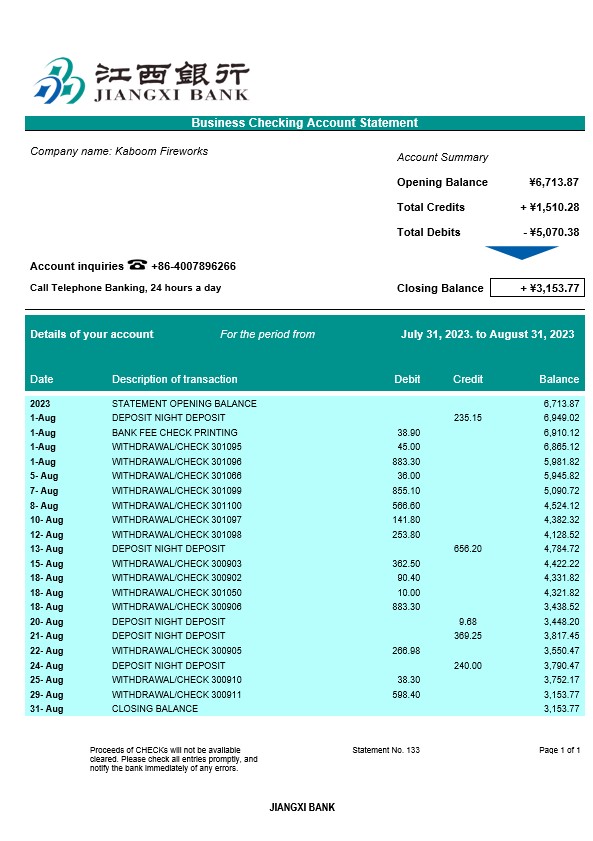 Modèle Word et PDF de relevé de compte courant d'entreprise de la Jiangxi Bank